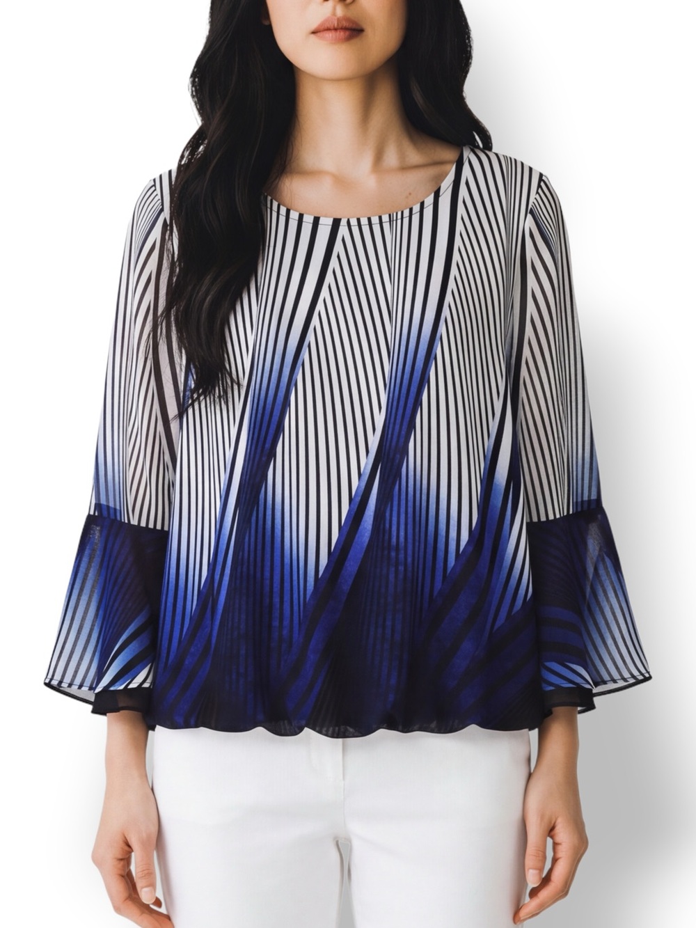 4/$20 Alfani Blue White Geometric Stripe Bell Sleeve Blouse Large